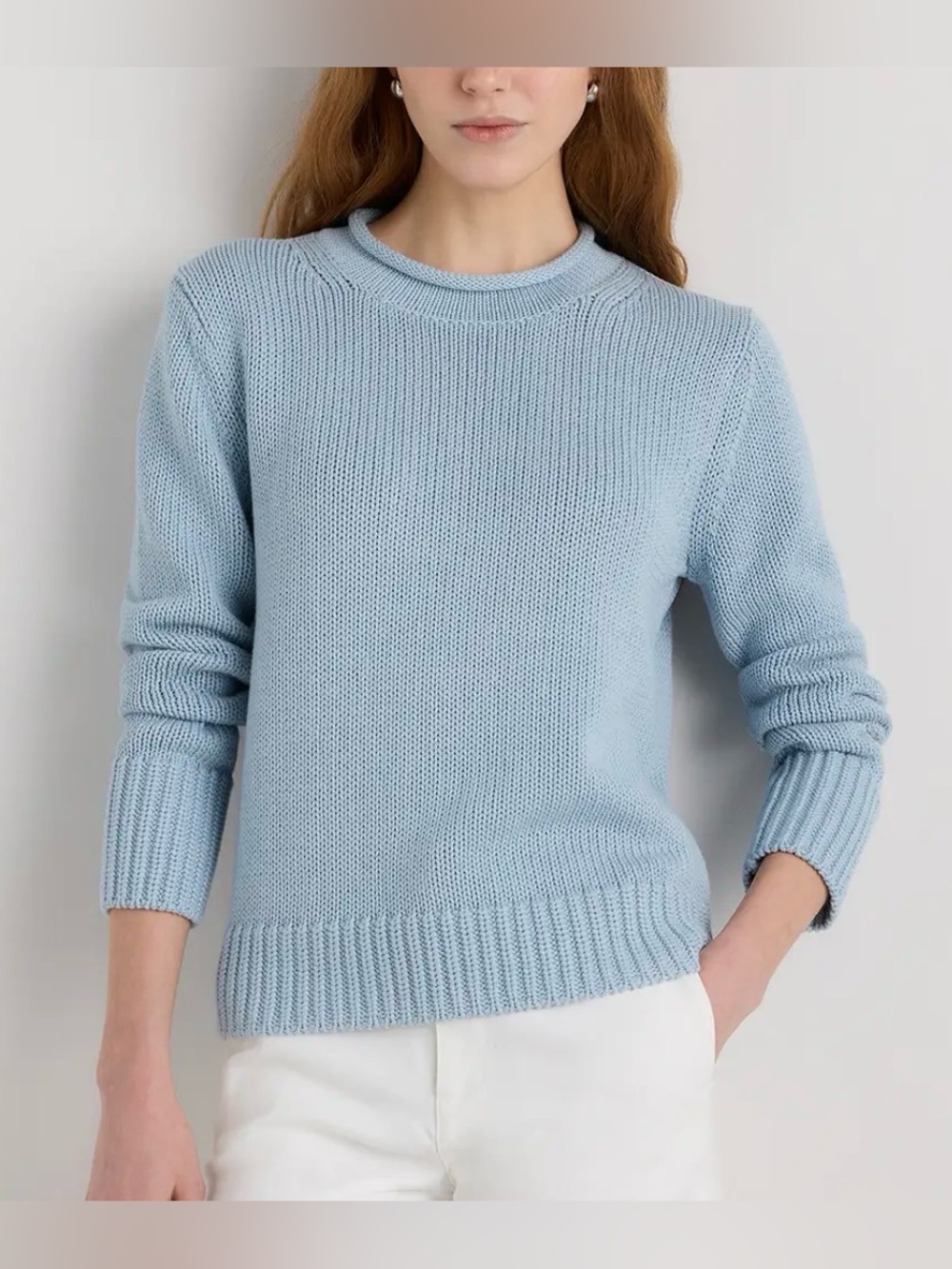 Quince 100% Organic Cotton Roll Neck Sweater Medium Chunky Knit Sky Blue
